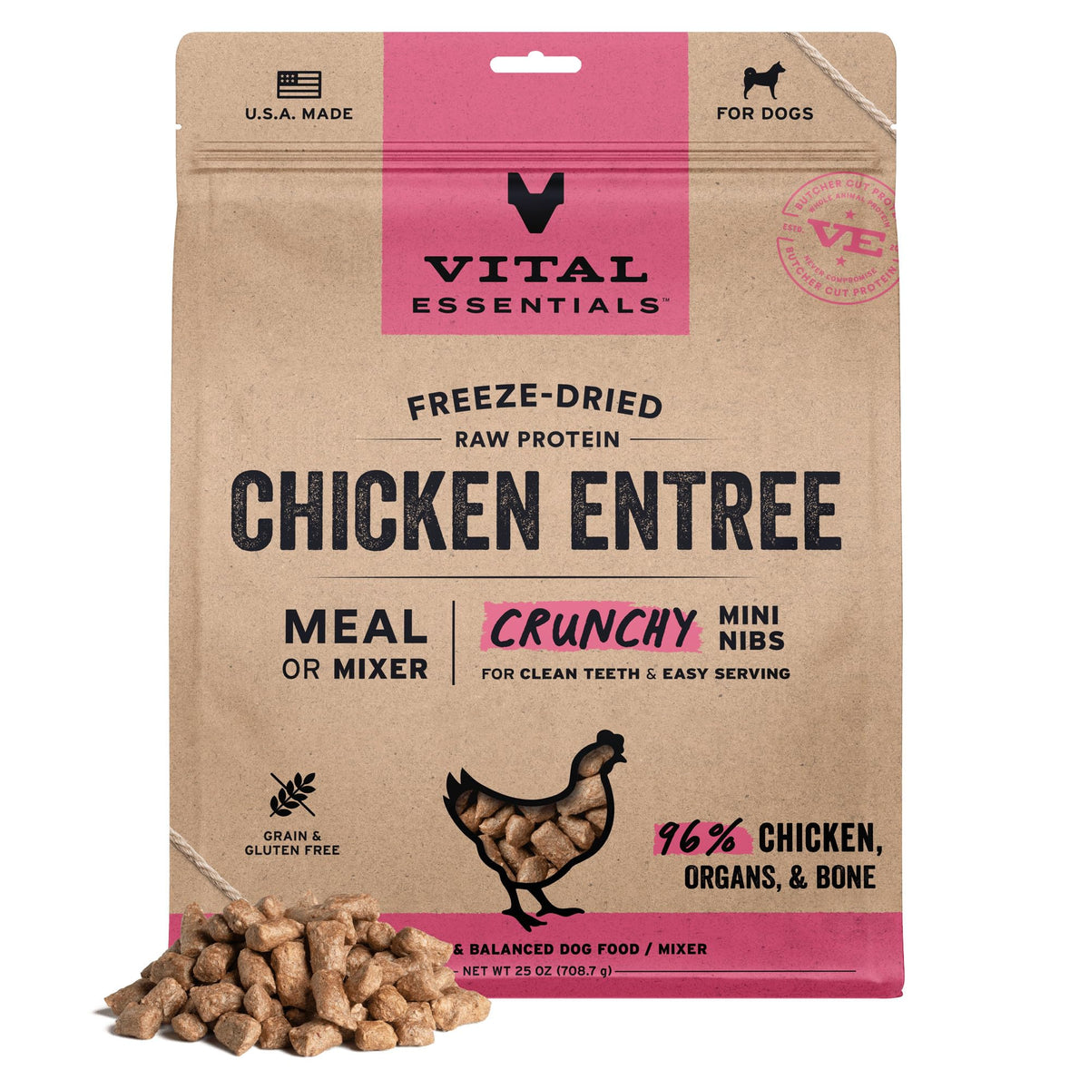 Vital Essentials Freeze Dried Dog Food, Turkey Crunchy Mini Nibs, 14 oz Bag