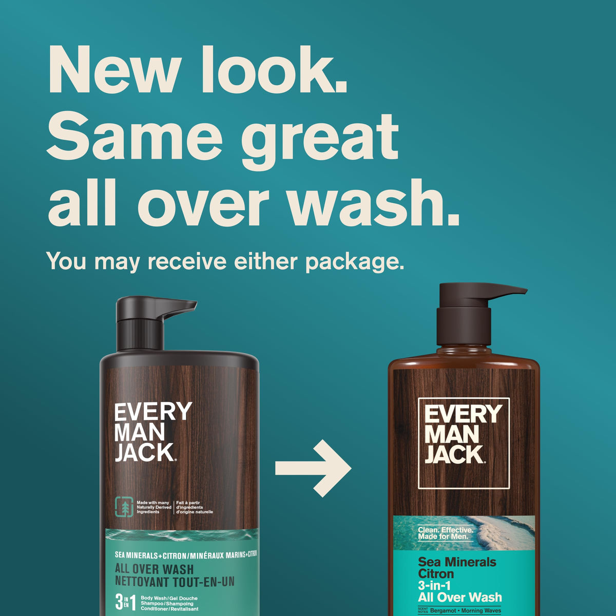 Every Man Jack 3-in-1 All Over Body Wash for Men, Amber Sandalwood, 2pk