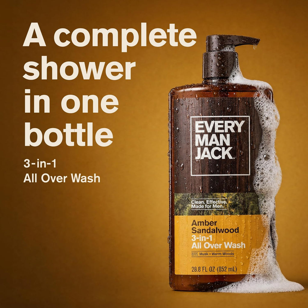 Every Man Jack 3-in-1 All Over Body Wash for Men, Amber Sandalwood, 2pk
