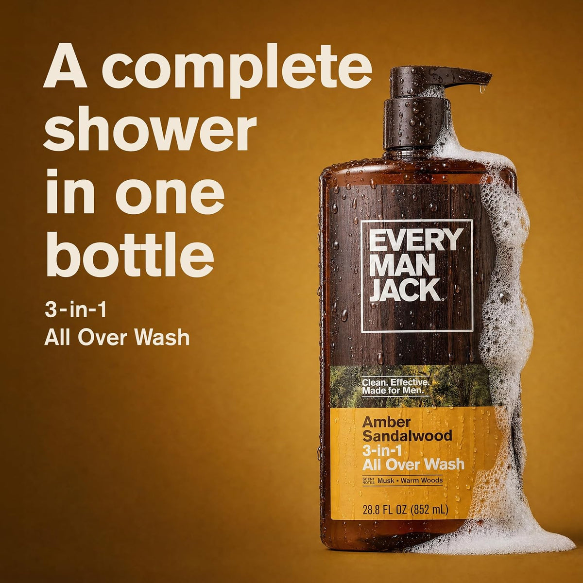 Every Man Jack 3-in-1 All Over Body Wash for Men, Amber Sandalwood, 2pk