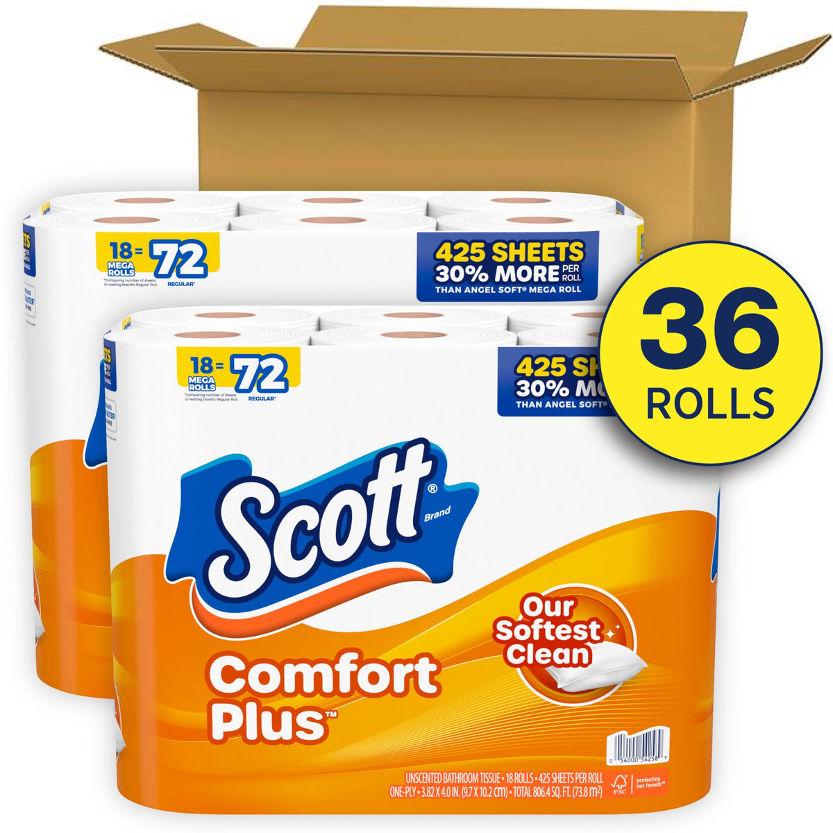Scott ComfortPlus Toilet Paper, 12 Triple Rolls, 231 Sheets per Roll, Septic-Safe, 1-Ply Toilet Tissue