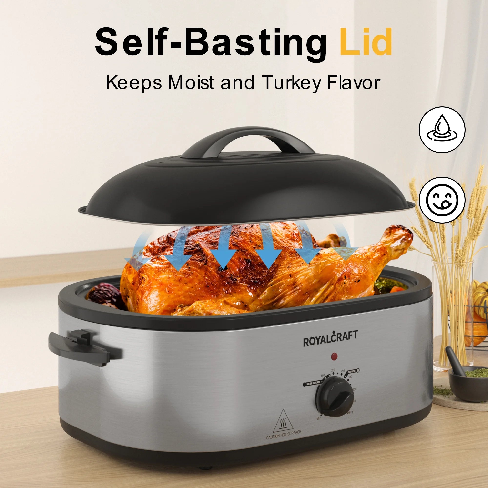 18 Quart Roasting Oven with Self-Basting Lid Removable Pan, 150 to 450F Temperature Control Cool-Touch Handles,Silver