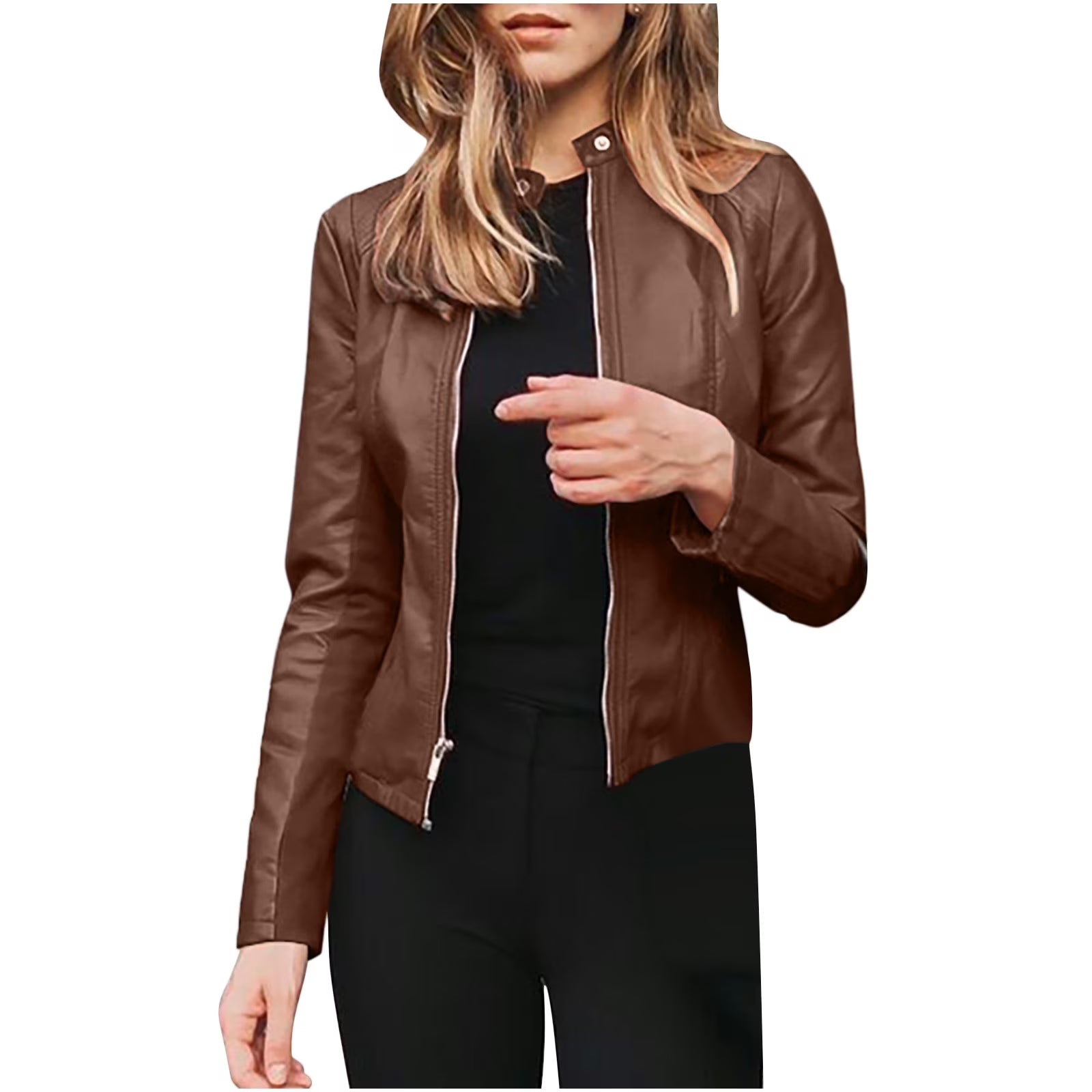 Women'S PU Leather Short Zipper Jacket Women'S plus Fashion Top Long Sleeve Hoodless Slim Solid Female Outwear Coffee 8