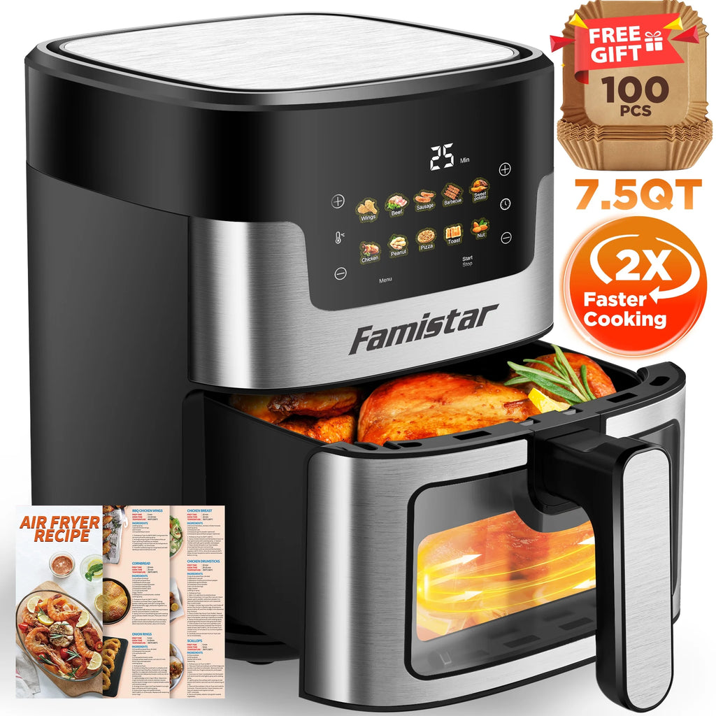 Air Fryer Oven, 10-In-1 7.5Qt Multifunction Air Fryer with Digital LED Touch Screen, 10 Preset Cookings, Dishwasher-Safe Basket, 95% Less Oil, Nonstick Dishwasher-Safe Basket, 100Pcs Liner