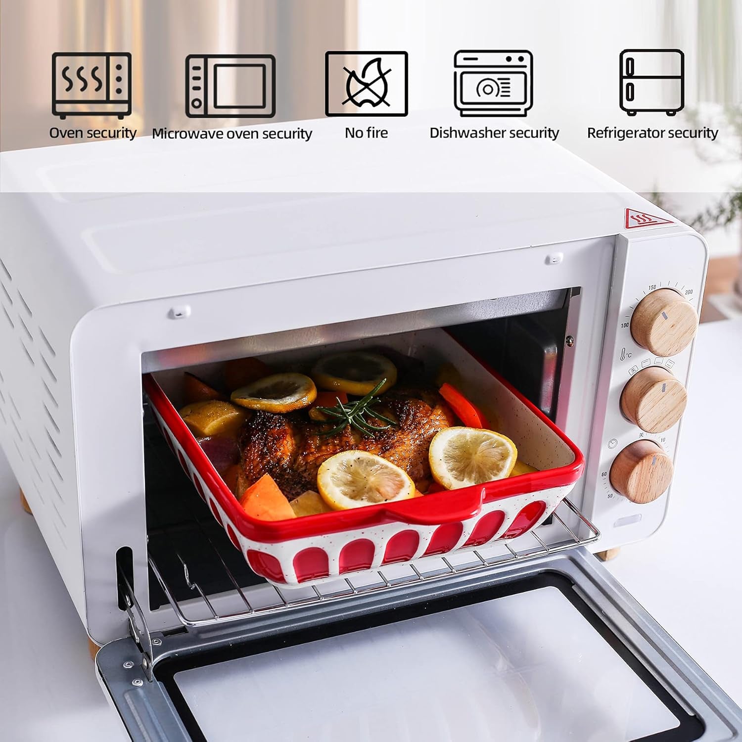 Square Baking Dish 8.7 Inch Ceramic Brownie Baking Pan Cake Pan Baker with Double Handle, Red