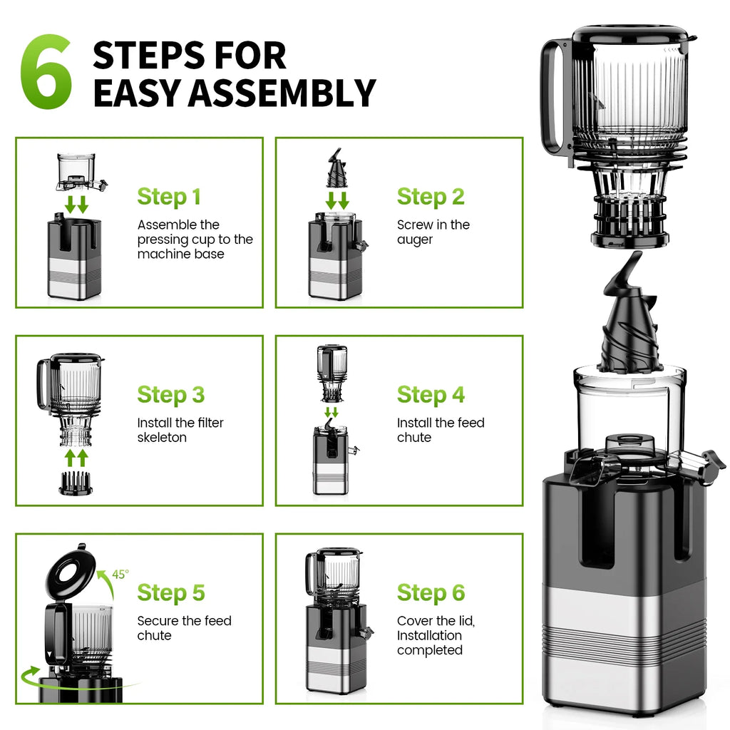 Cold Press Juicer Machine, 5.4 in Wide Feed Chute, up to 450W Professional Slow Masticating Juicer for Whole Vegetables & Fruits, Batch Juicing, Reverse Function to Clear Blockages