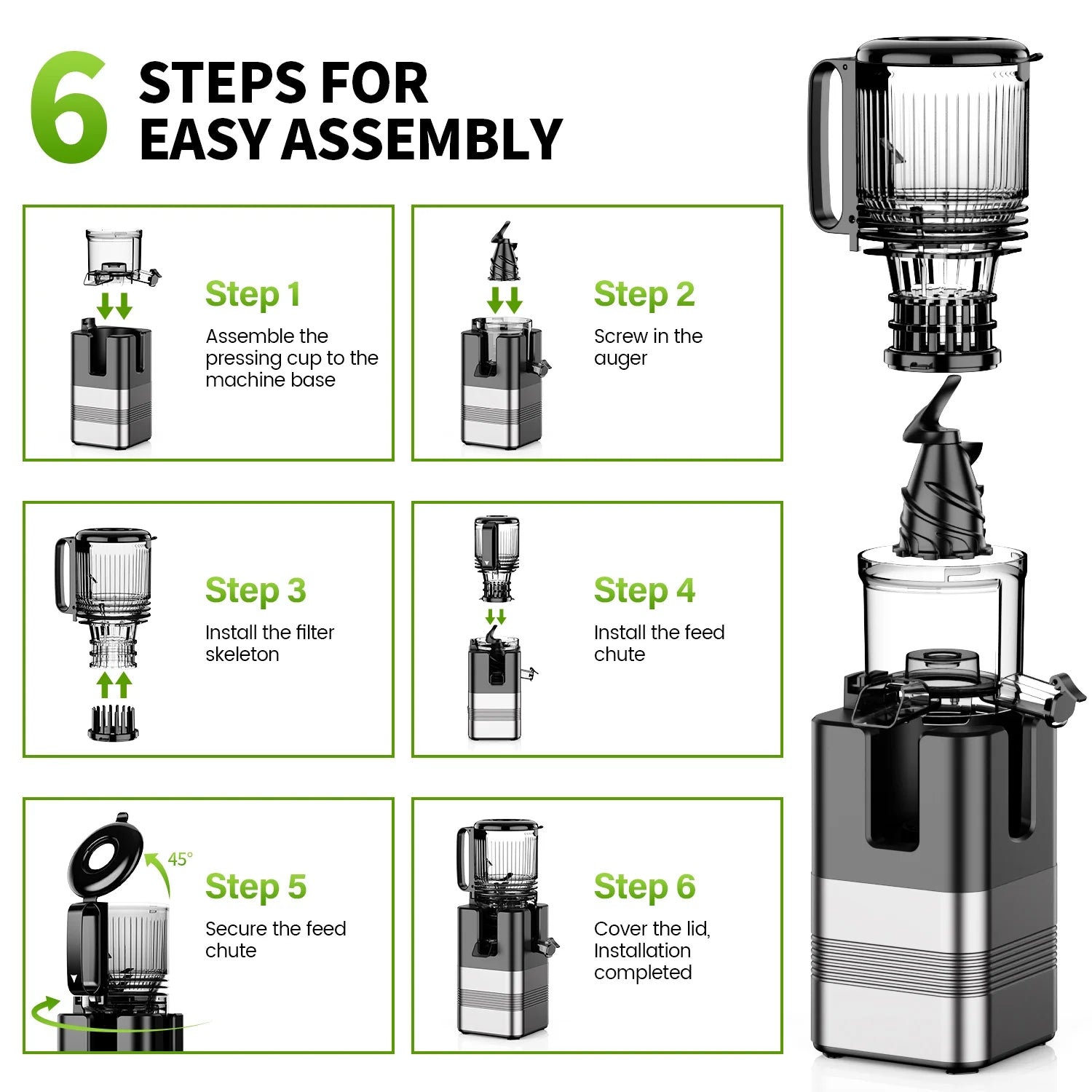 Cold Press Juicer Machine, 5.4 in Wide Feed Chute, up to 450W Professional Slow Masticating Juicer for Whole Vegetables & Fruits, Batch Juicing, Reverse Function to Clear Blockages