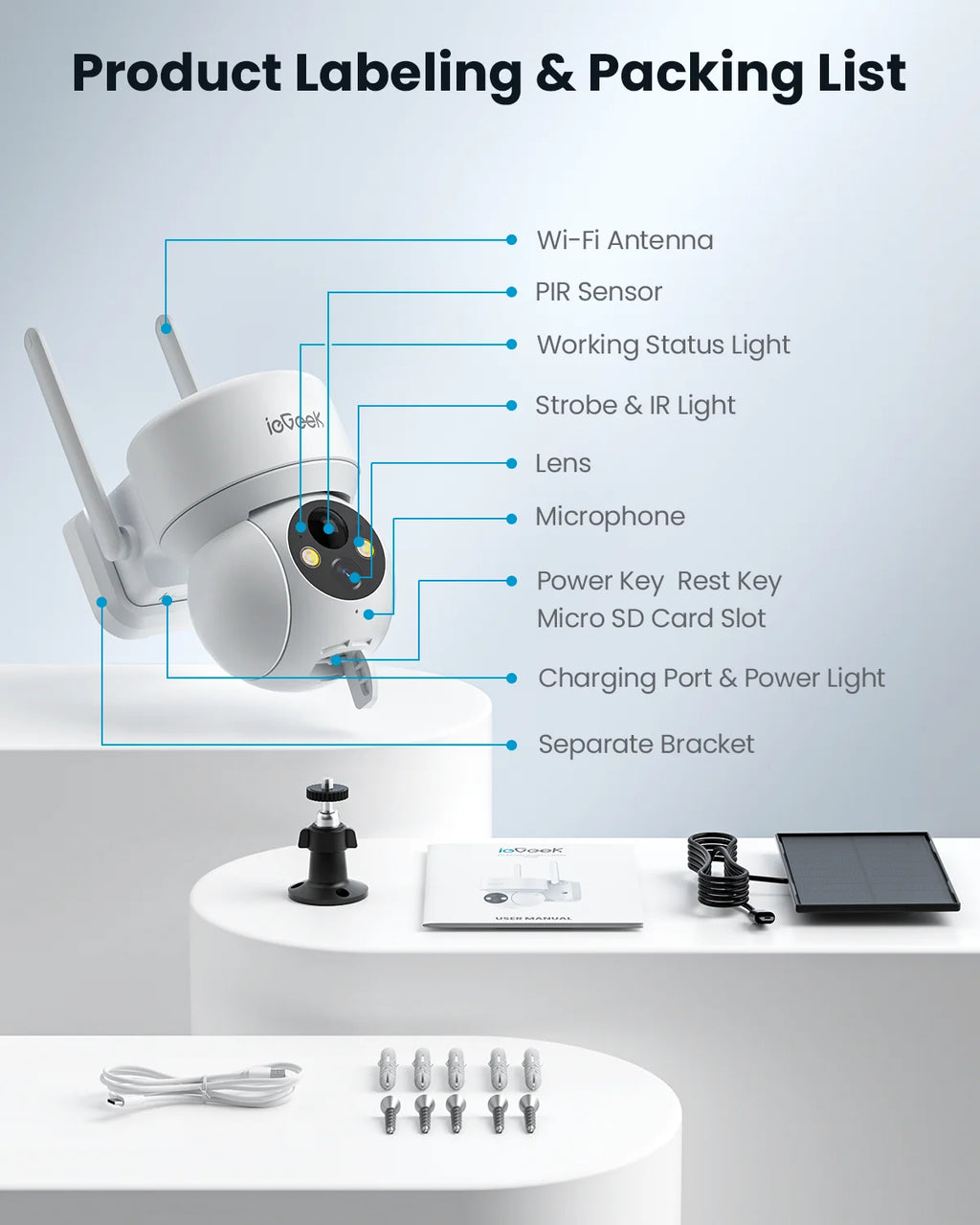 Security Cameras Wireless Outdoor, 2K Wifi Solar Camera for Home Surveillance, 360 View PTZ, Battery Powered, Color Night Vision, Motion Sensor