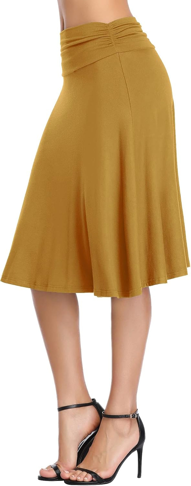 Women'S Ruched High Waist Knee Length Jersey A-Line Stretchy Flared Casual Skirt