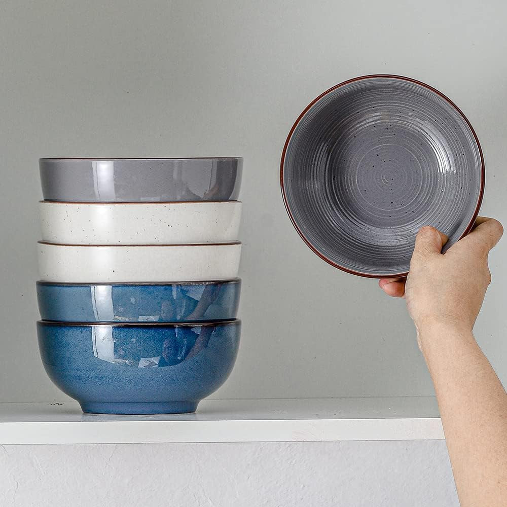 Ceramic Cereal Bowls Set of 4, Soup Bowls Microwave Safe, 24 Oz Ceramic Bowls for Kitchen, Salad, Oatmeal, Soup, Noodle, Farmhouse Style (Blue)