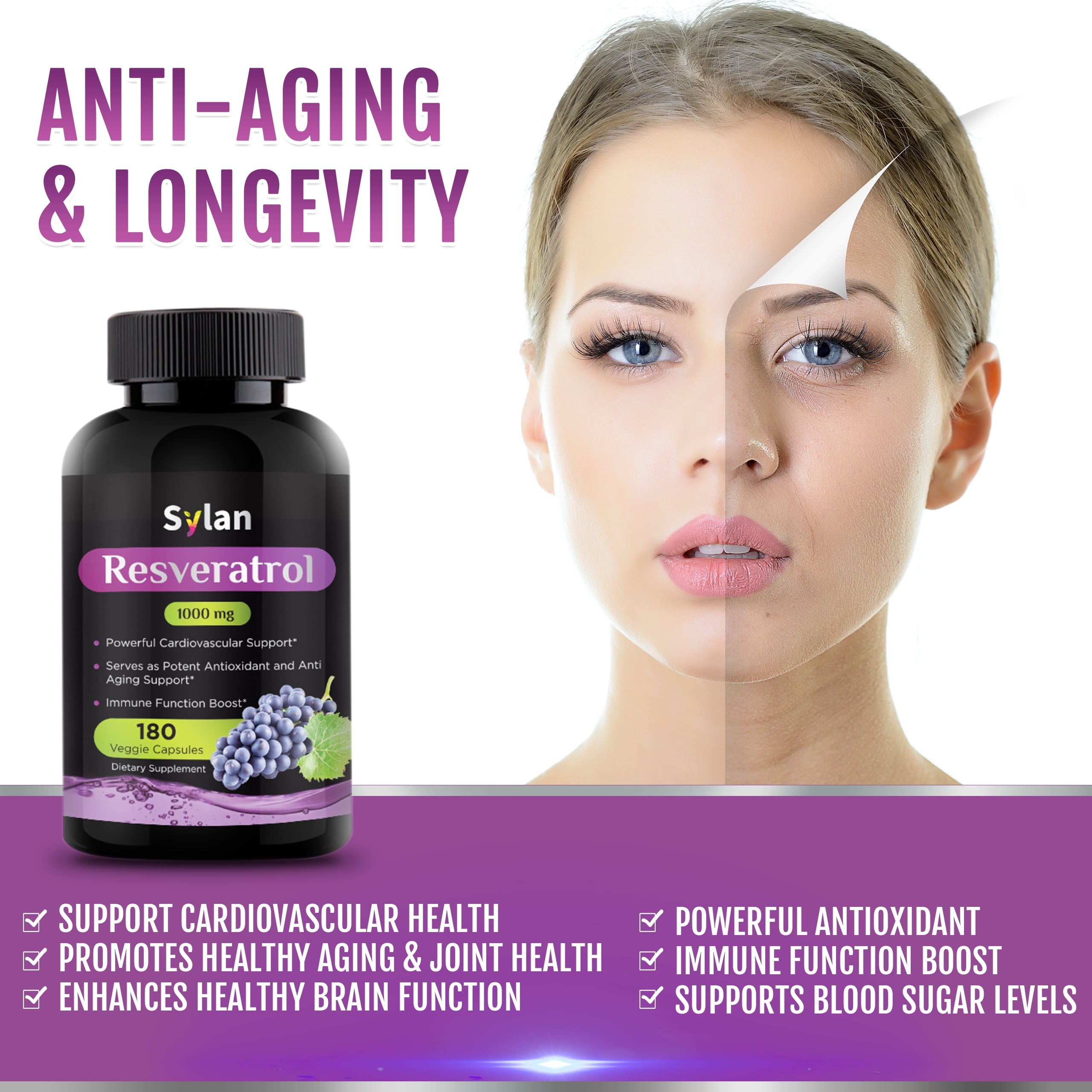 Trans Resveratrol Supplement 1000Mg Polyphenols Supplement 180 Capsules Veggie Non-Gmo Made in USA