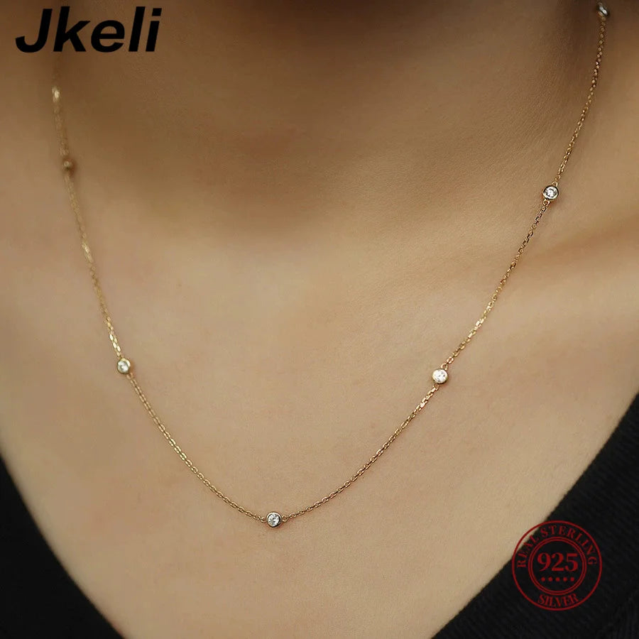100% S925 Sterling Silver round Zircon Bead Necklace for Women Gold Silver Color Korea Clavicle Chain Necklace Trendy Jewe