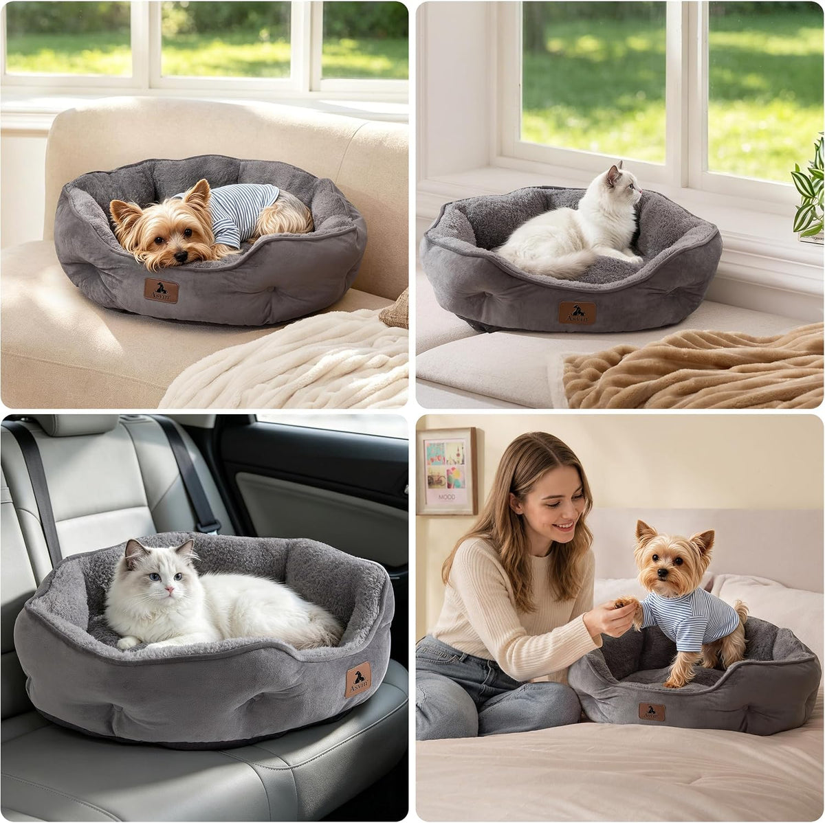 Asvin Small Dog Bed for Small Dogs, Cat Beds for Indoor Cats, Pet Bed for Puppy and Kitty, Extra Soft & Machine Washable with Anti-Slip & Water-Resistant Oxford Bottom, Grey, 20 inches