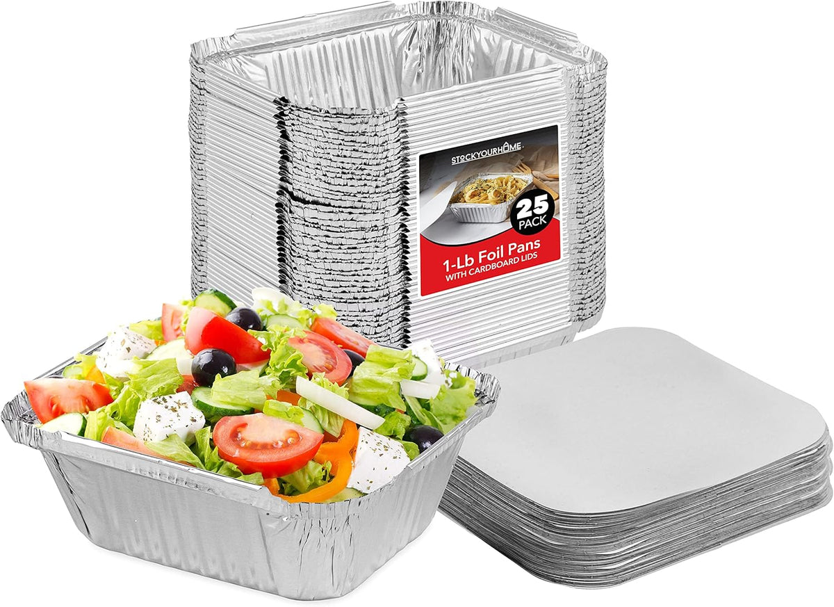 1 Lb Aluminum Disposable Cookware with Lids (25 Pack) - Foil Pans Cardboard Lids - Disposable & Recyclable Takeout Trays with Lids - Food Containers for Restaurants, Catering, Delis