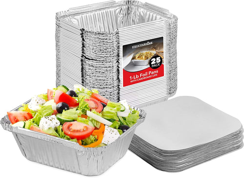 1 Lb Aluminum Disposable Cookware with Lids (25 Pack) - Foil Pans Cardboard Lids - Disposable & Recyclable Takeout Trays with Lids - Food Containers for Restaurants, Catering, Delis