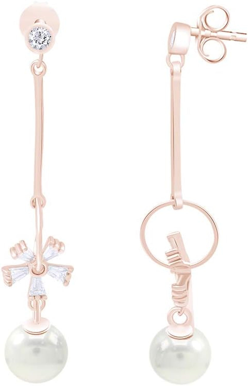 Sterling Silver Shell Pearl Earrings with Cubic Zirconia Flower Dangle Drop Stud Earrings for Women