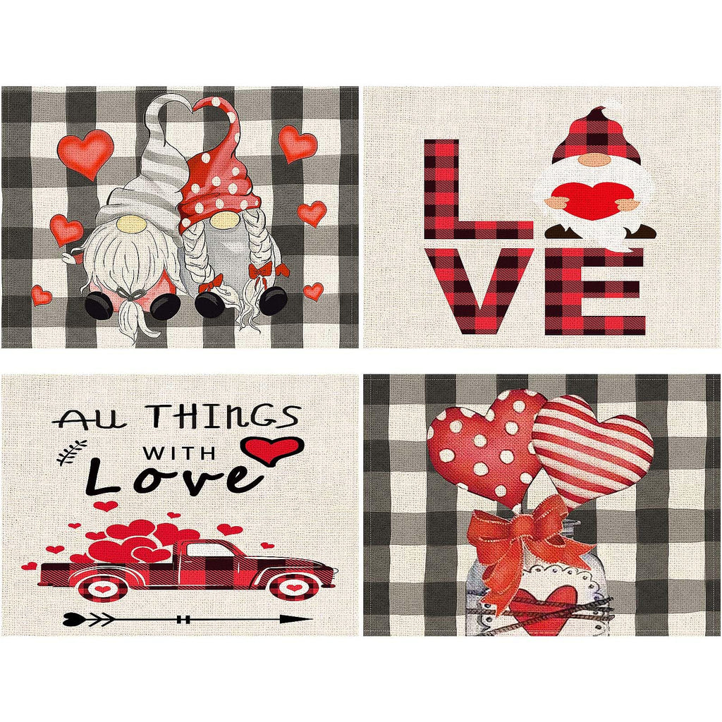 Valentines Day Placemats Set of 4, 17X12.5 Inches with Gnomes and Hearts Pattern for Holiday Parties and Family Gatherings,Amazon Is Banned