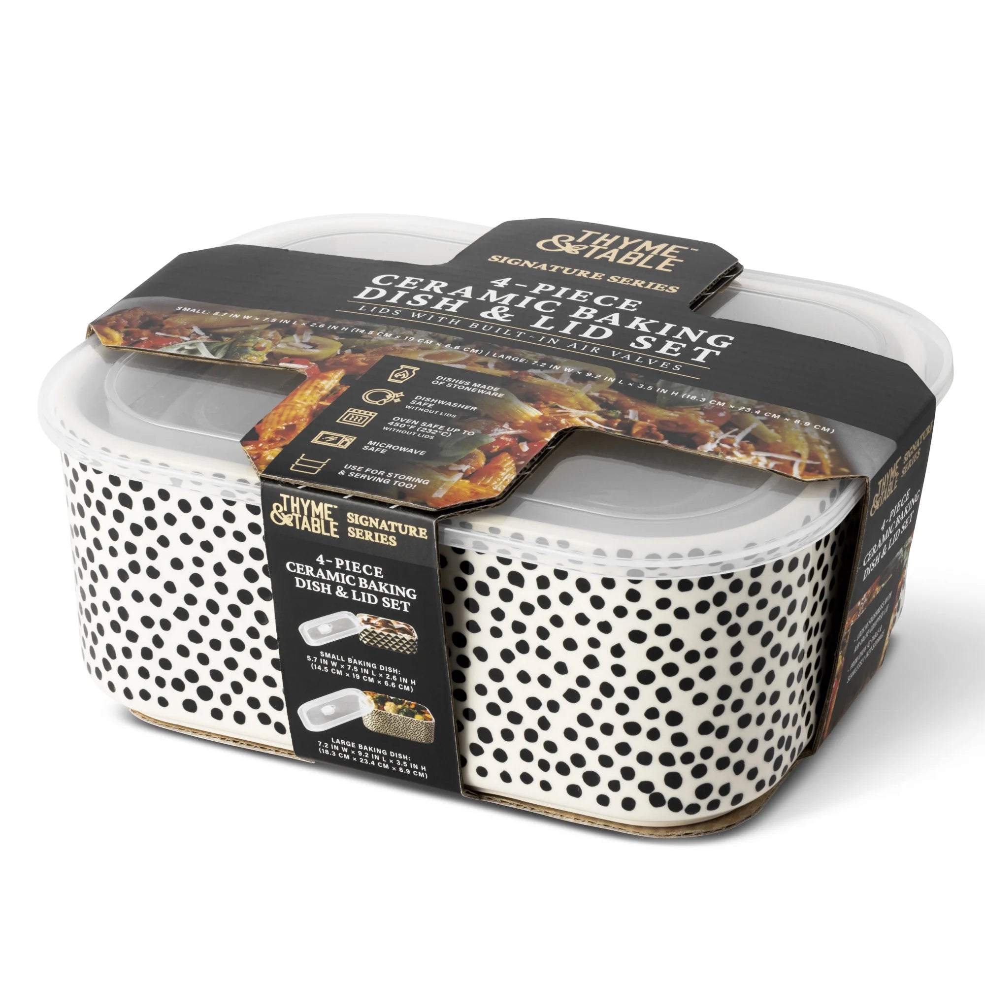 4-Piece Rectangle Ceramic Baking Dish & Lid Set - Dot