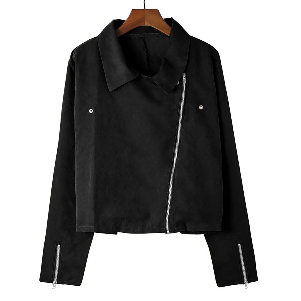 Women'S PU Leather Short Zipper Jacket Women'S plus Fashion Top Long Sleeve Hoodless Slim Solid Female Outwear Black 4