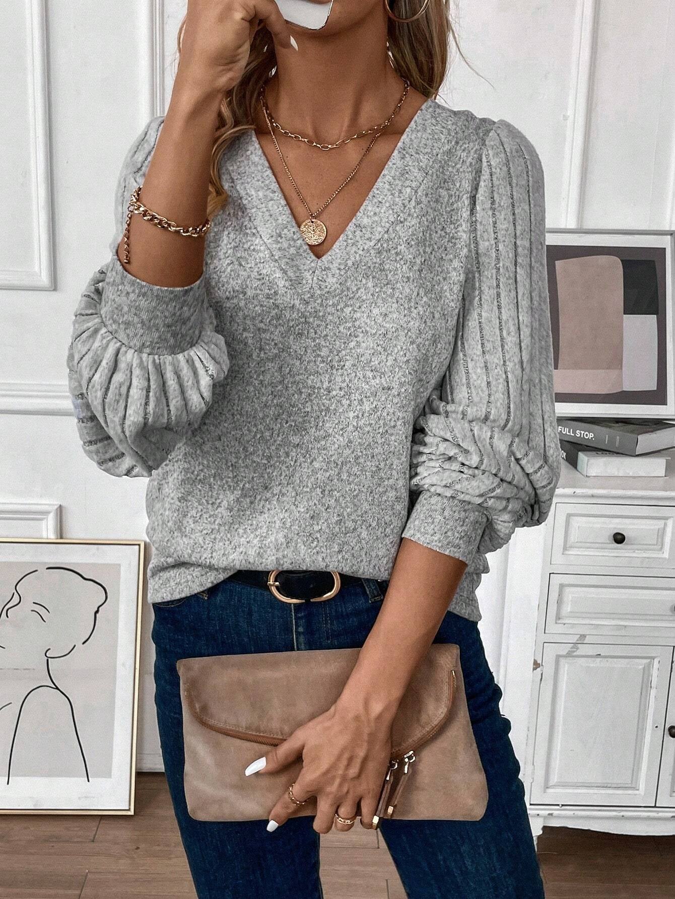 EMERY ROSE Lantern Sleeve V Neck Tee Fall Cloth for Women