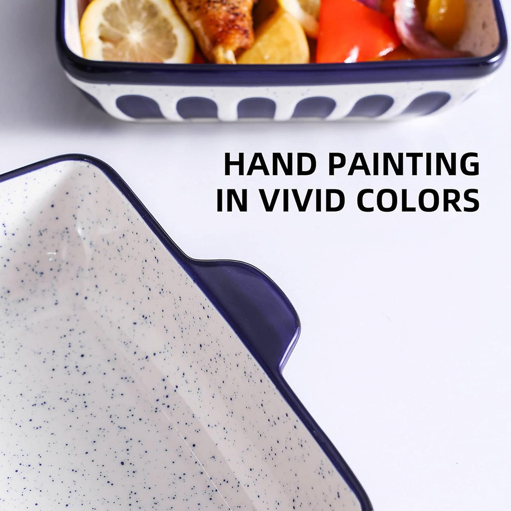 Porcelain Baking Dish 8.7 Inch Square Baking Pan Cake Pan Bakeware with Double Handle for Kitchen Cooking, Dark Blue