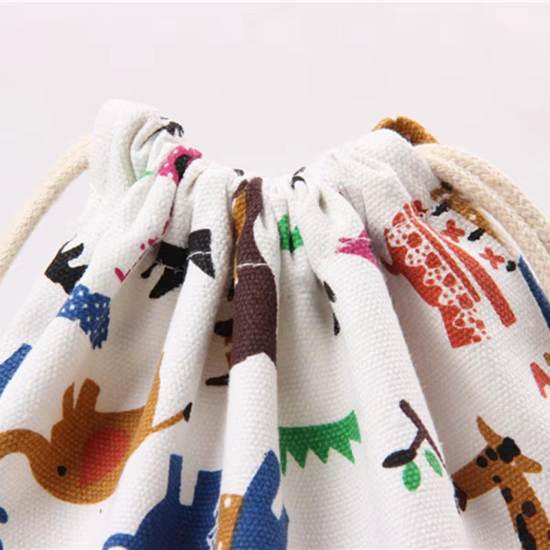 Drawstring Cartoon Animals Printed Storage Bags Organizer Cotton Linen Jewelry Cosmetic Pouchbaby Clothing Kids Toys Candy Bags