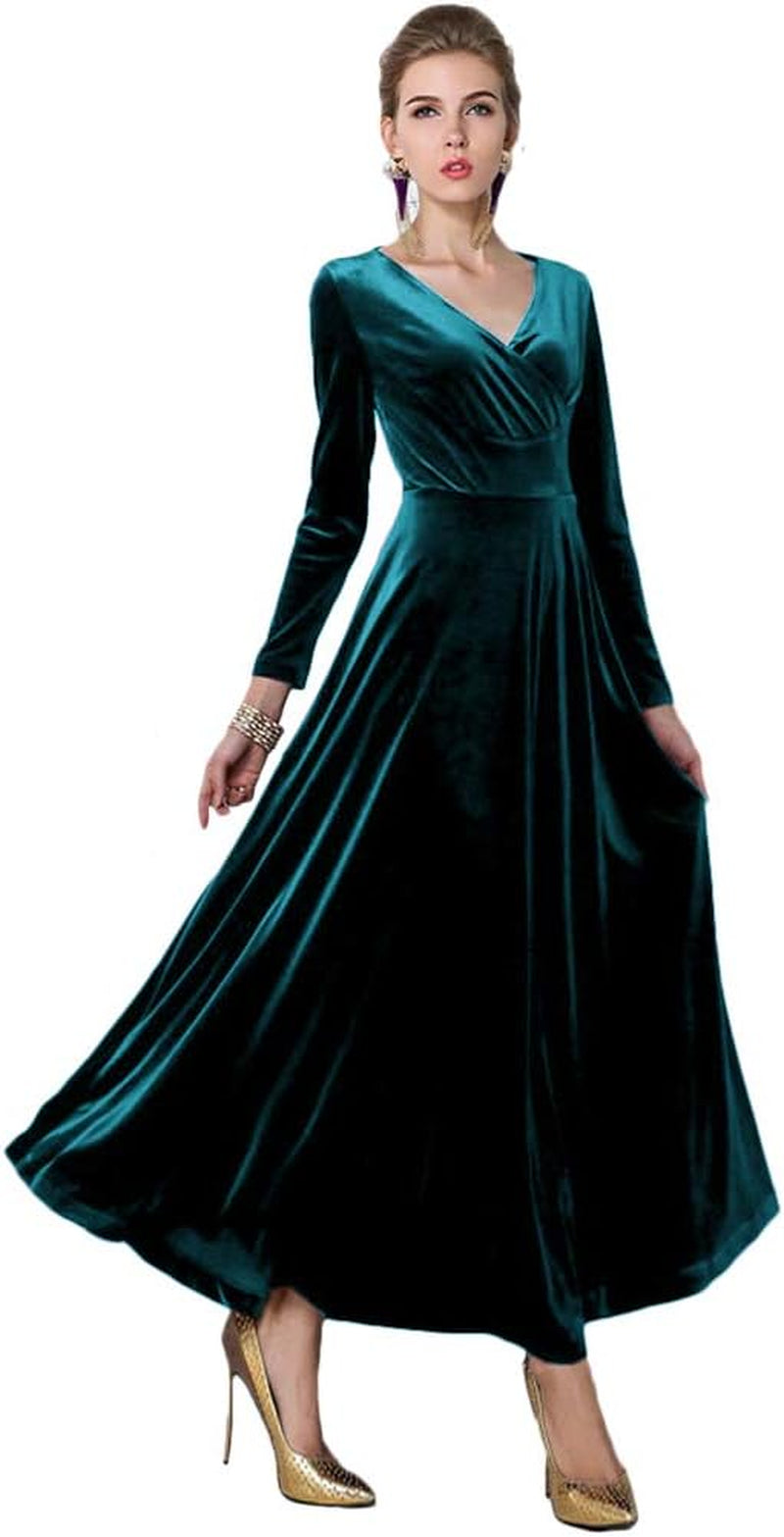 Women Long Sleeve V-Neck Velvet Stretchy Long Dress