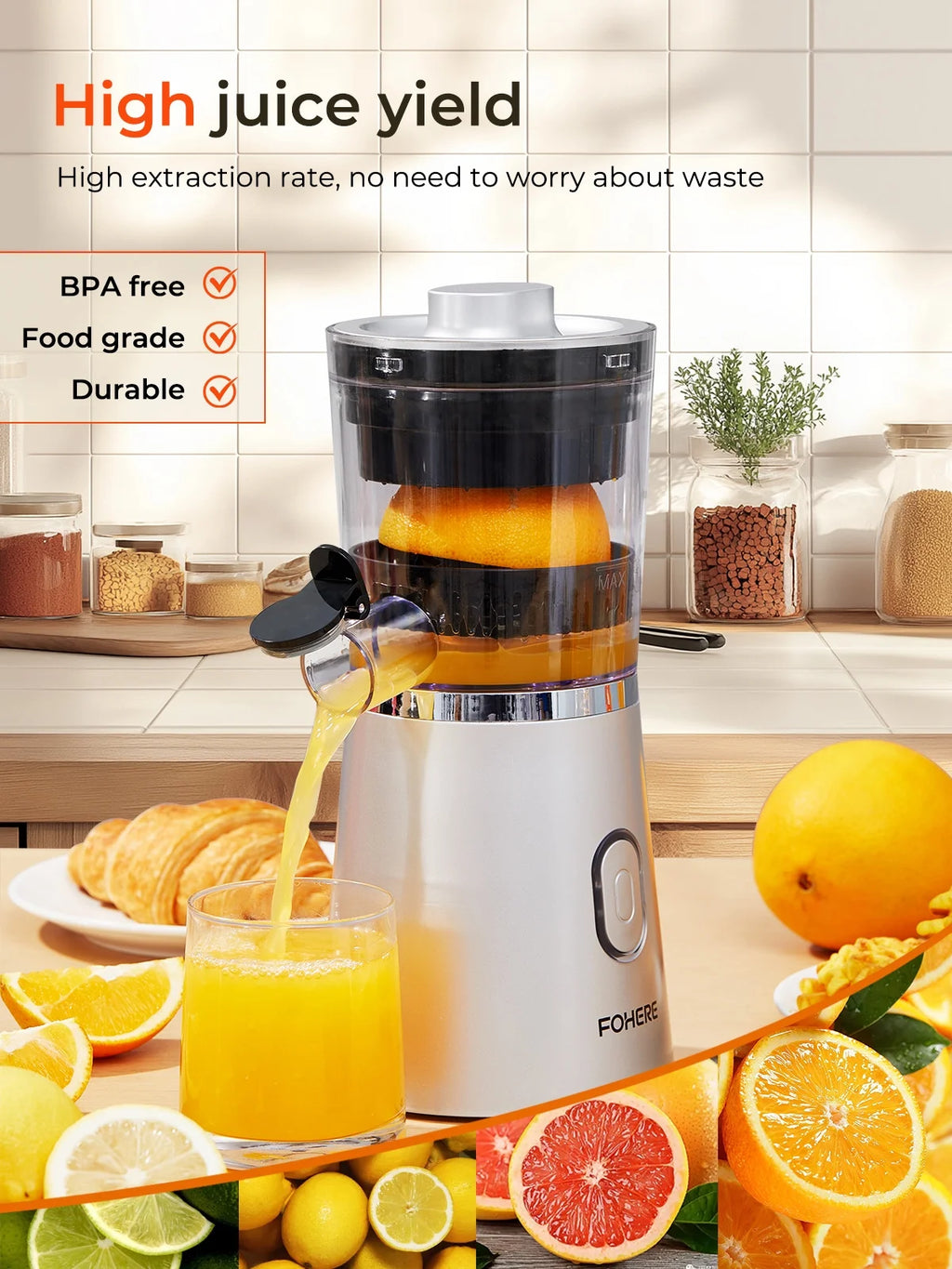 Electric Citrus Juicer Hands Free, Orange Lime Grapefruit Juicer Squeezer, One Touch Operation, Easy to Clean Juice Maker