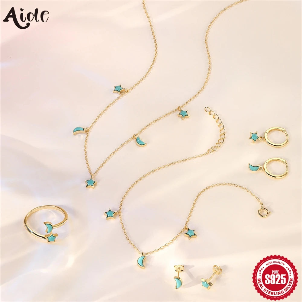 Retro 925 Sterling Silver 18K Gold Plated Necklace for Women Blue Turquoise Geometric Moon Star Pendant Clavicle Chain Jewe