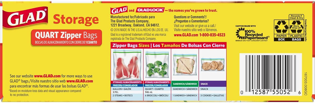 Zipper Food Storage Plastic Bags - Quart - 25 Count