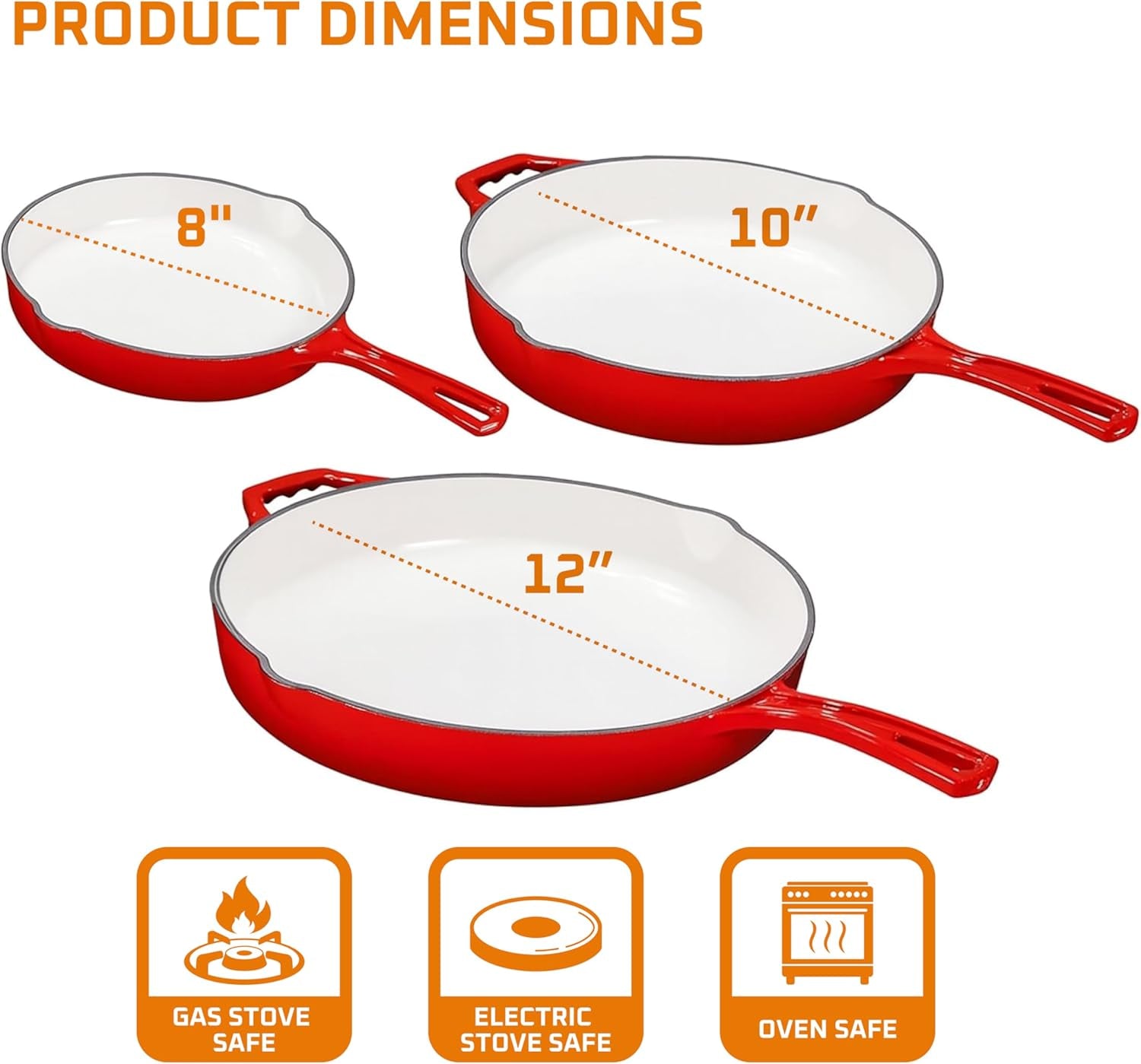 Enameled Cast Iron Skillet Set of 3-8, 10, and 12-Inch Non Stick Frying Pans with Tempered Glass Lids - Versatile Cast Iron Cookware Set for Casserole - Grill Pan for All Stovetops - Red