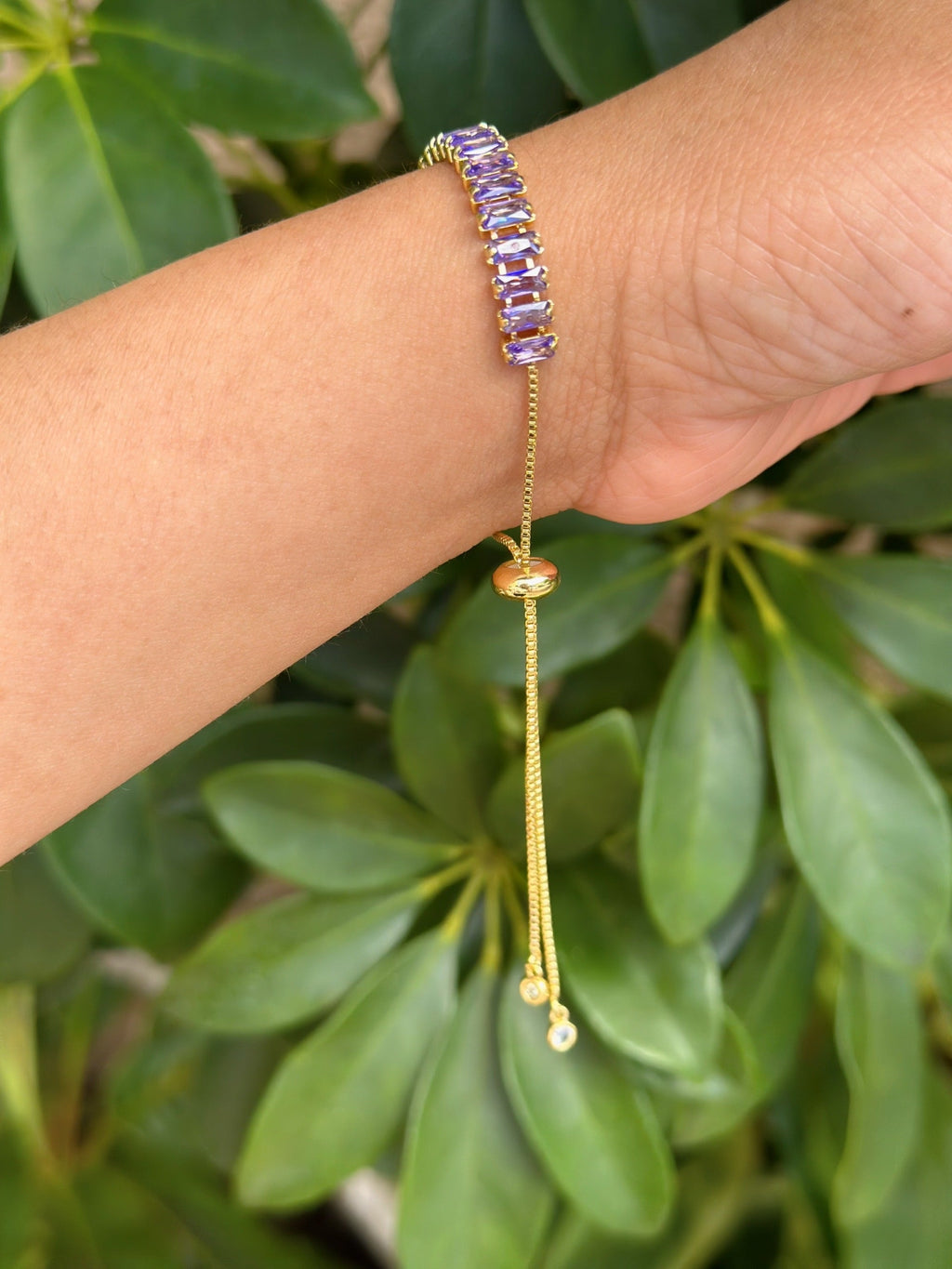 Purple Crystal Gold Plated Adjustable Box Chain Bracelet