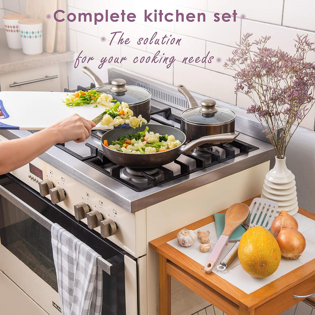 6 Pcs Dark Grey Nonstick Cookware Set, Pots and Pans Set Non Stick with Glass Lid, Induction Cookware, Stay-Cool Handle PTFE/PFOA Kitchen Pots 6-Piece with Frying Pans & Saucepan