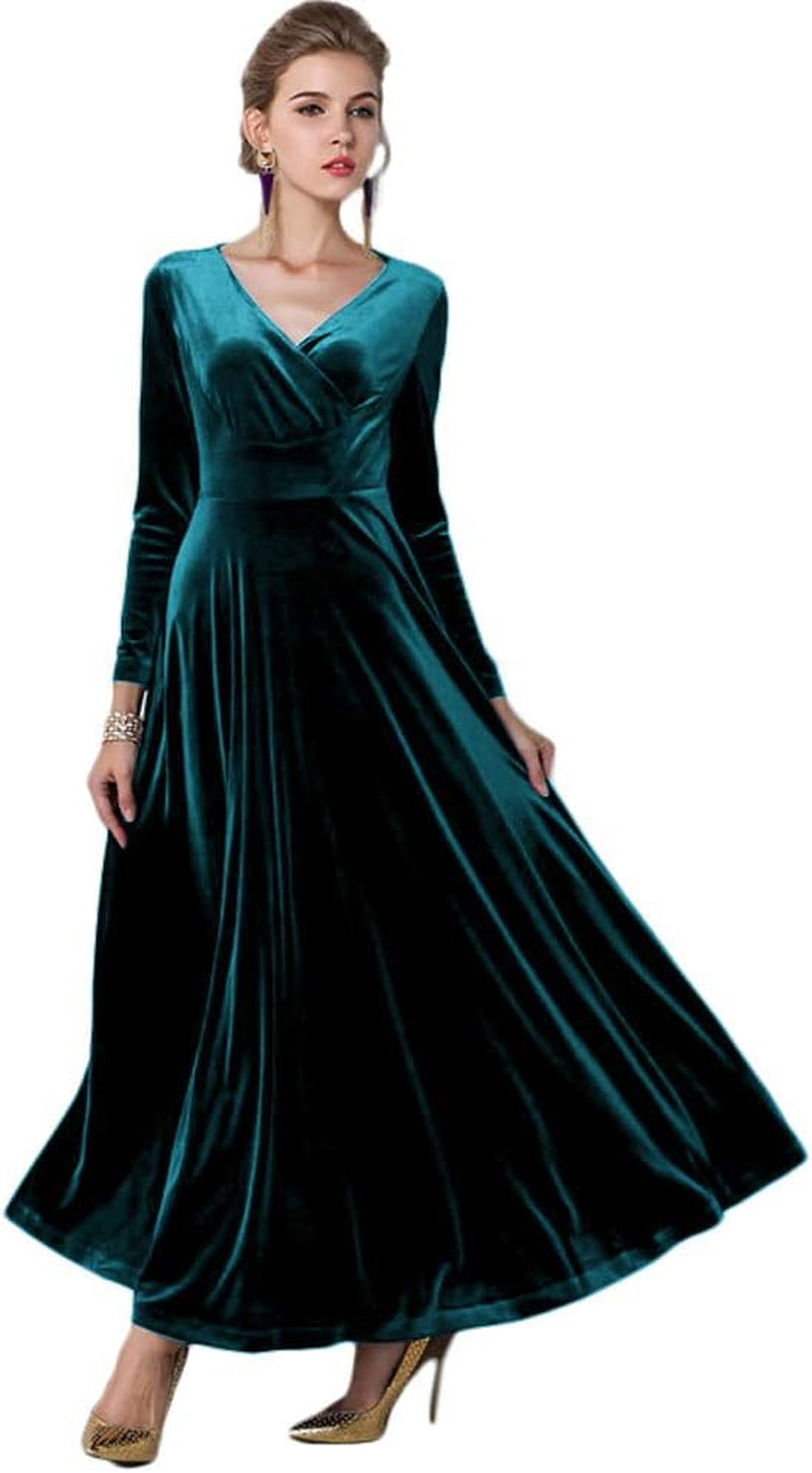 Women Long Sleeve V-Neck Velvet Stretchy Long Dress