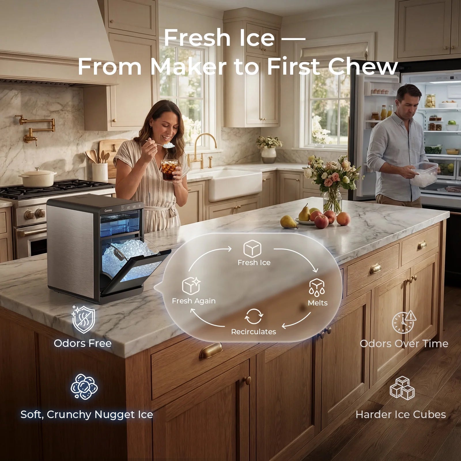 Nugget Ice Maker Countertop, 44Lbs per Day Portable Pebble Sonic Ice Machine with Soft Chewable Ice for Home, Kitchen, Office, RV, Camping, Stainless Steel, Black