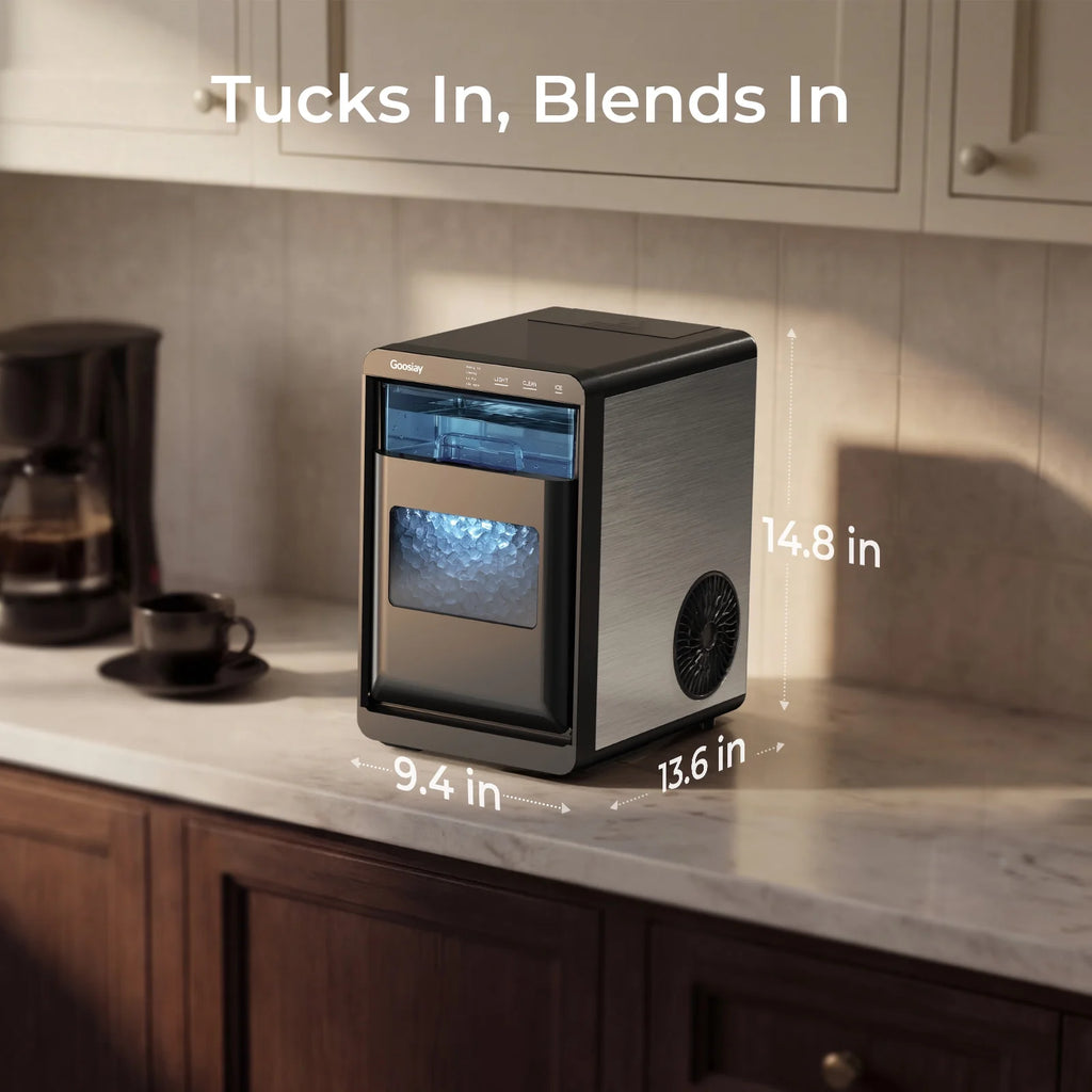 Nugget Ice Maker Countertop, 44Lbs per Day Portable Pebble Sonic Ice Machine with Soft Chewable Ice for Home, Kitchen, Office, RV, Camping, Stainless Steel, Black