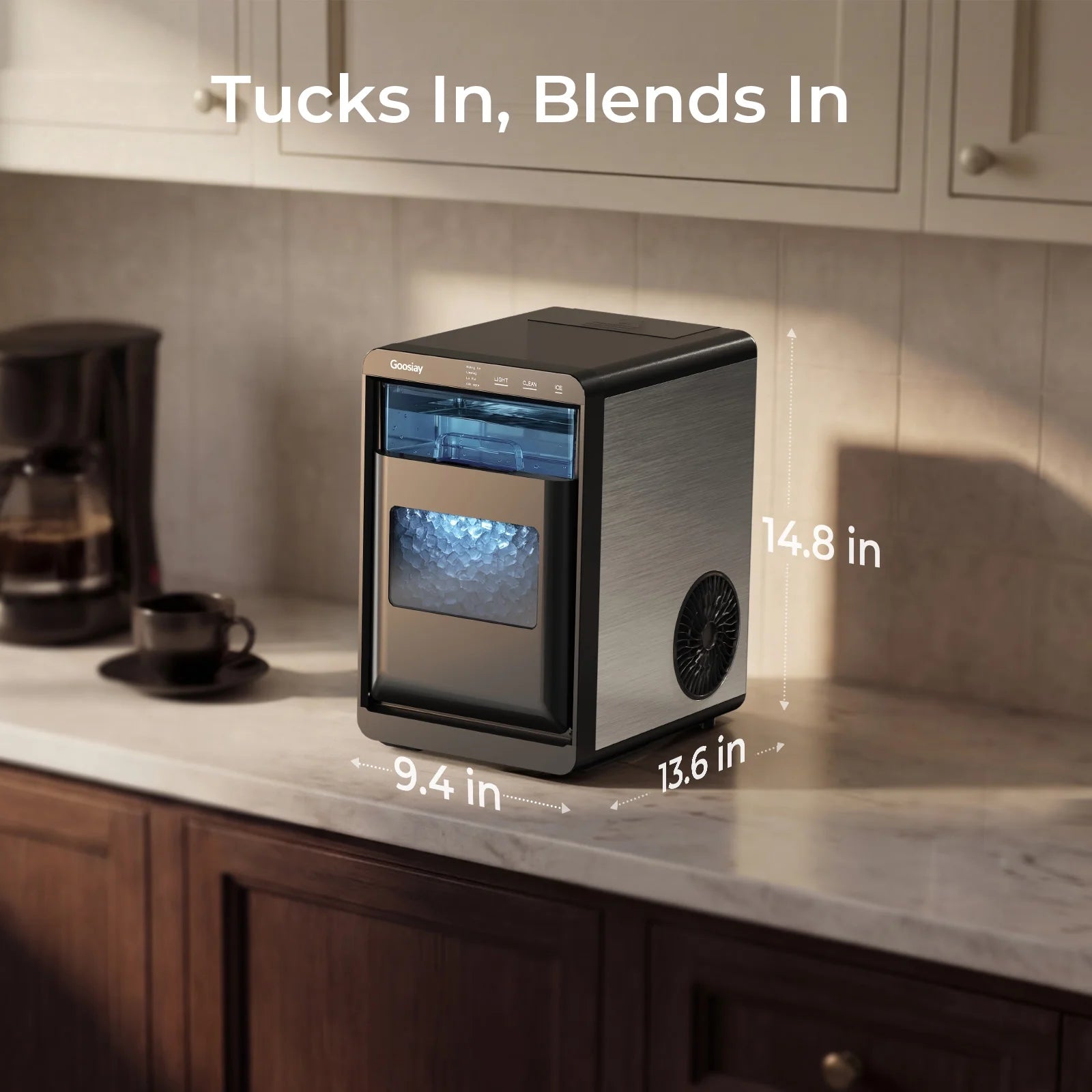 Nugget Ice Maker Countertop, 44Lbs per Day Portable Pebble Sonic Ice Machine with Soft Chewable Ice for Home, Kitchen, Office, RV, Camping, Stainless Steel, Black