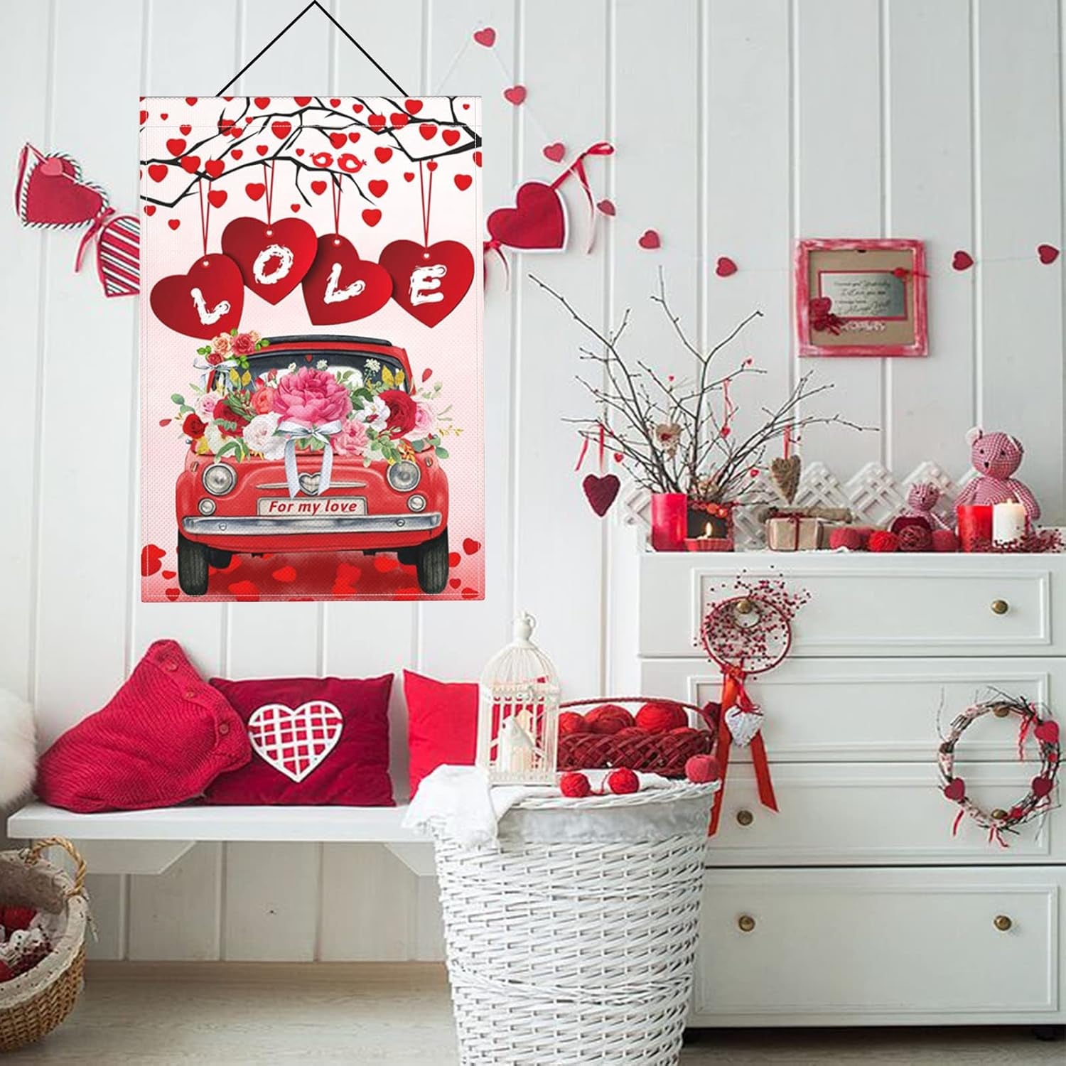 Valentines Day Garden Flag 12 X 18 Inch Double Sided Valentine Burlap Yard Flags Red Truck with Flower Love Heart Tree Small House Flags Spring Outdoor Valentine'S Day Decorations