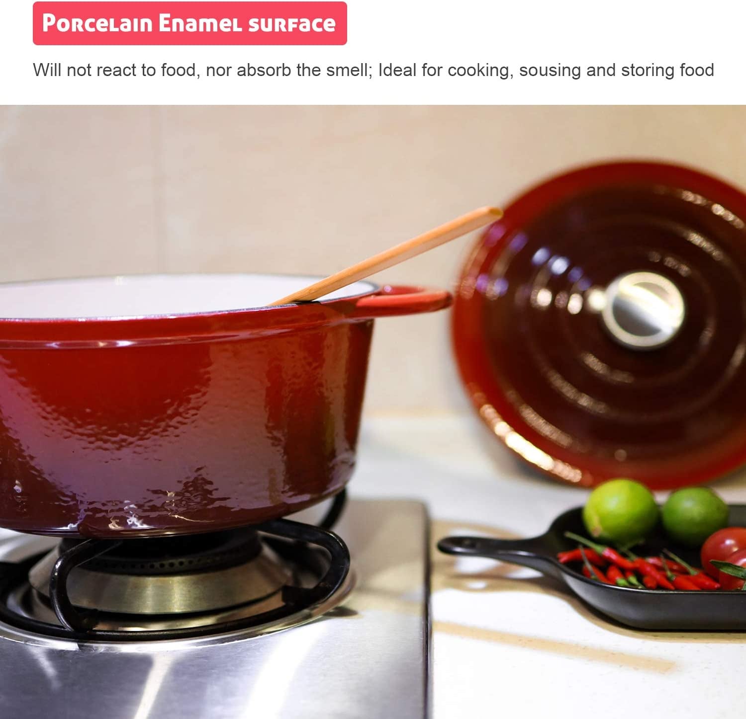 5.5 Quart Enameled Cast Iron Dutch Oven with Lid, 5.5 QT Deep round Dutch Oven Pot with Dual Handles -Red