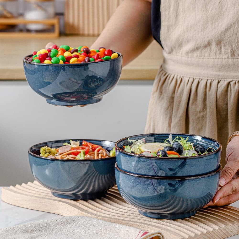Ceramic Cereal Bowls Set of 4, Soup Bowls Microwave Safe, 24 Oz Ceramic Bowls for Kitchen, Salad, Oatmeal, Soup, Noodle, Farmhouse Style (Blue)