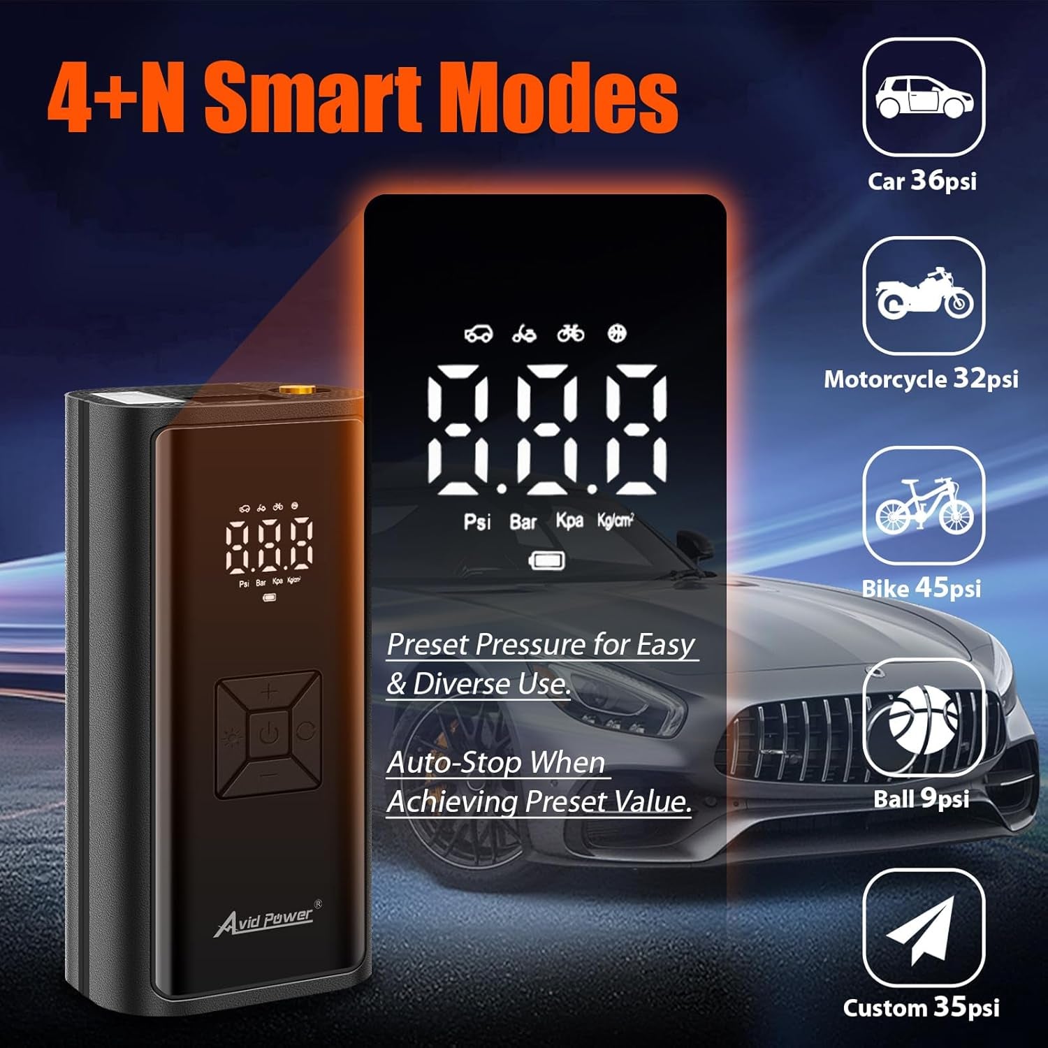 Portable Tire Inflator for Car, Cordless Air Compressor W/ 4500Mah Battery and 12V DC Adapter, Air Pump for Car Tires, Motorcycle, Bicycle, Ball and Small Inflatables W/Smart Modes