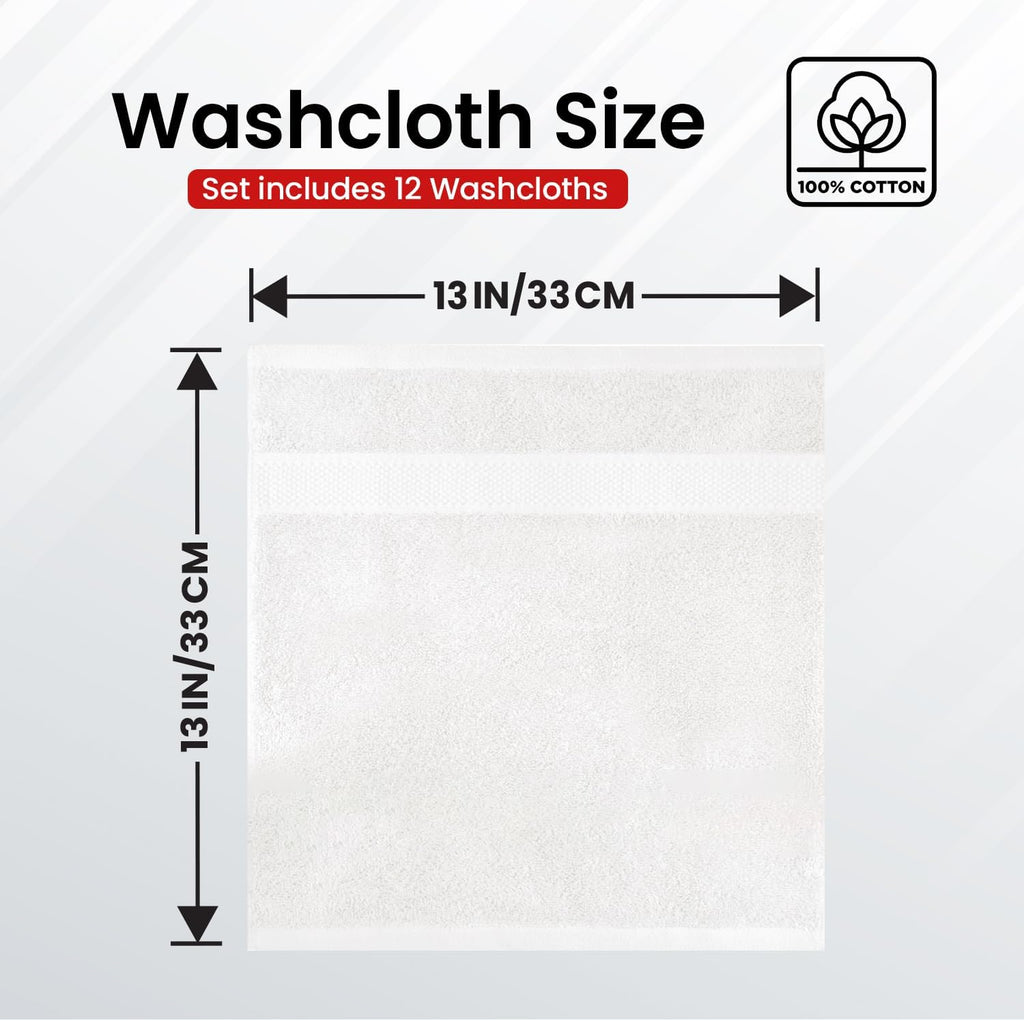 Luxury Wash Cloths for Showering [13X13] – 100% Cotton Washcloths [Pack of 12], Soft and Absorbent Face Towels for Bathroom Wash Clothes, Gym, and Spa (Brilliant White)
