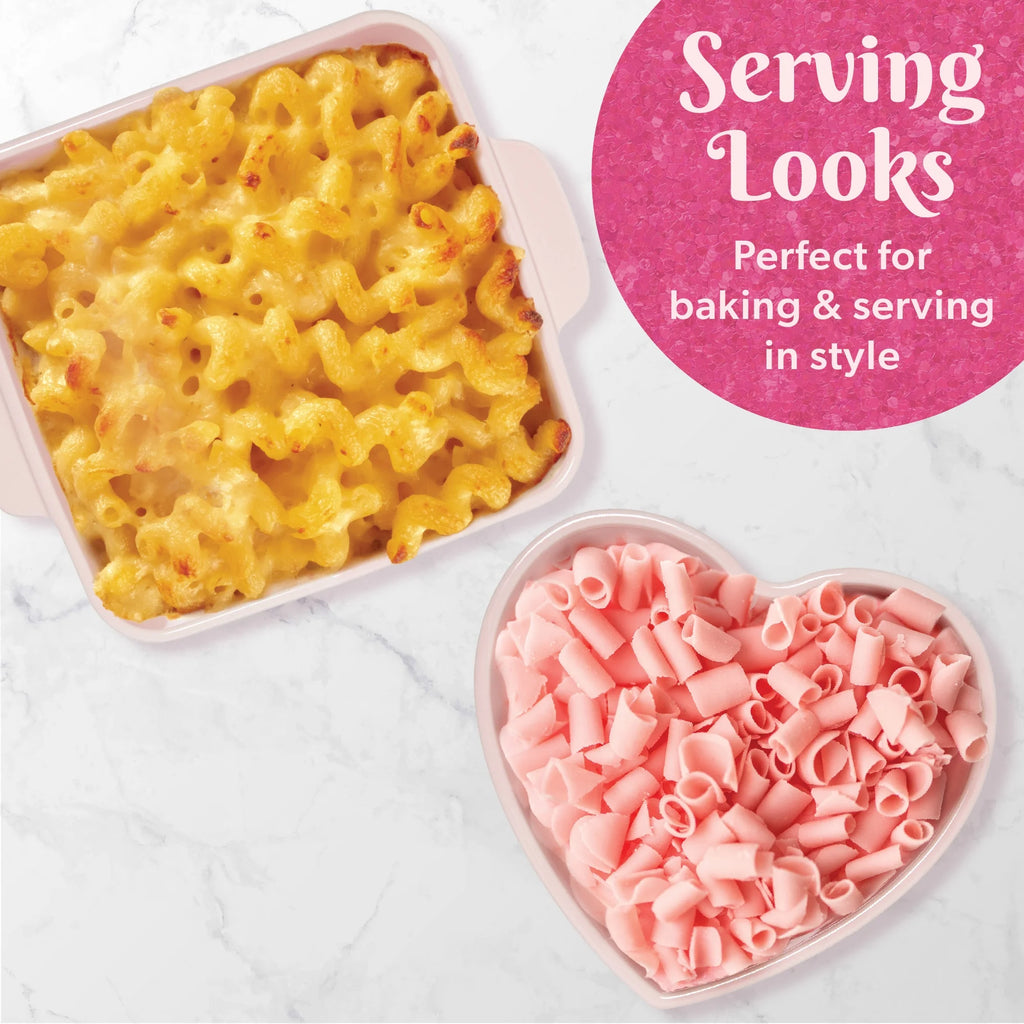 2 Piece Ceramic Baker Set, Square and Heart-Shaped, Stoneware Baking Set, Pink