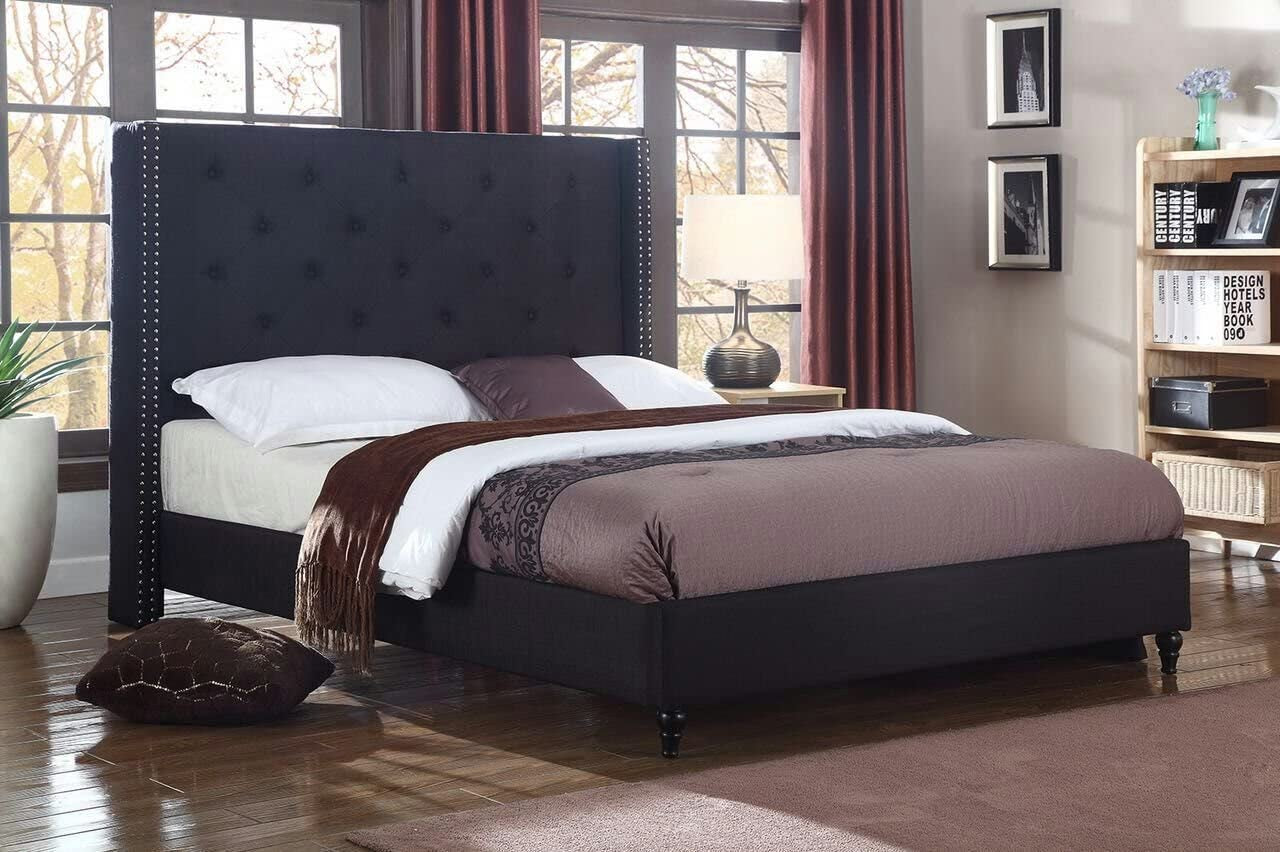 Linen Upholstered Platform Bed - Cloth Platform Bed with 51 Tall Headboard - Durable Wooden Slat Design - Easy to Assemble - Mattress Support - No Box Spring Needed - Full Size, Black