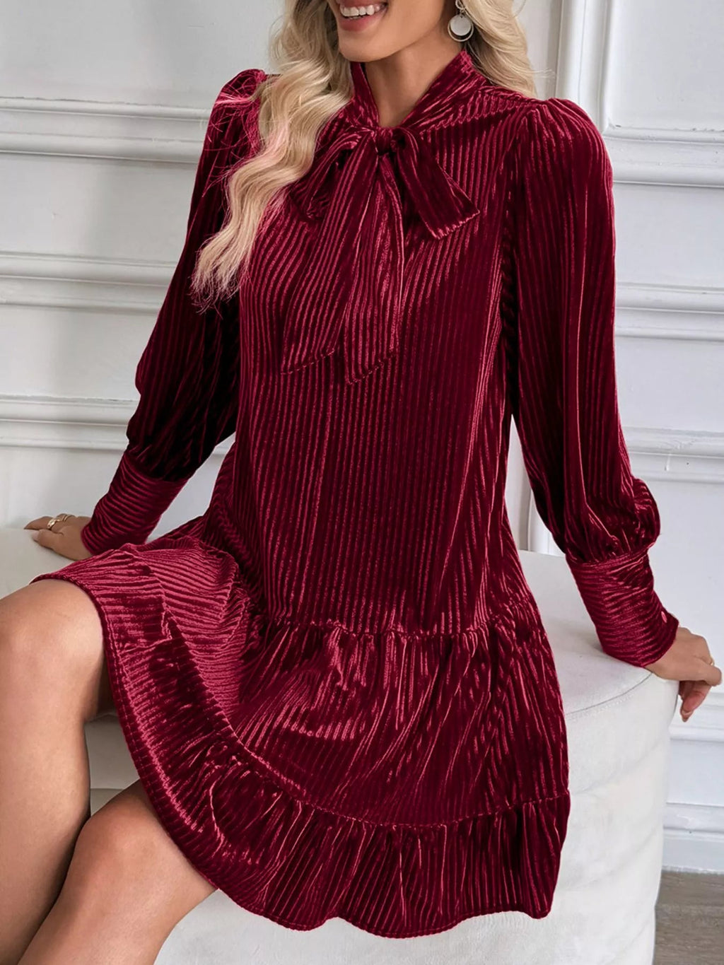 Velvet Tie Front Tiered Mini Dress