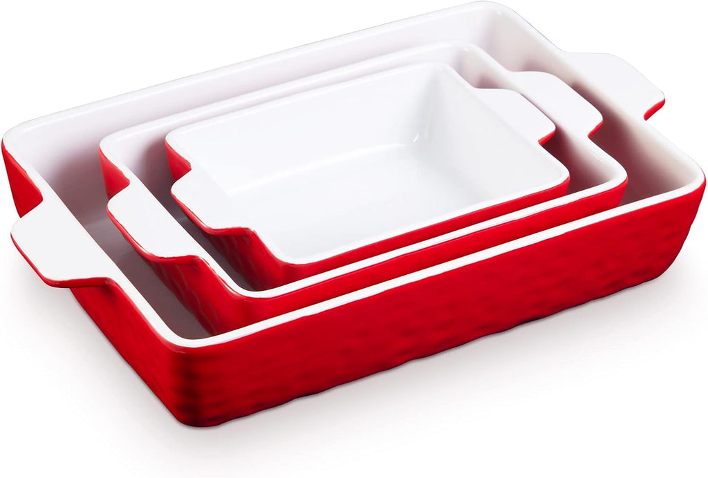 Ceramic Bakeware Set of 3 Piece, Rectangular Baking Pan Set, Porcelain Baking Pans Rectangular Casserole Pan for Cake, Lasagna, 11.7 X 8 X 2.7 Inches, Red