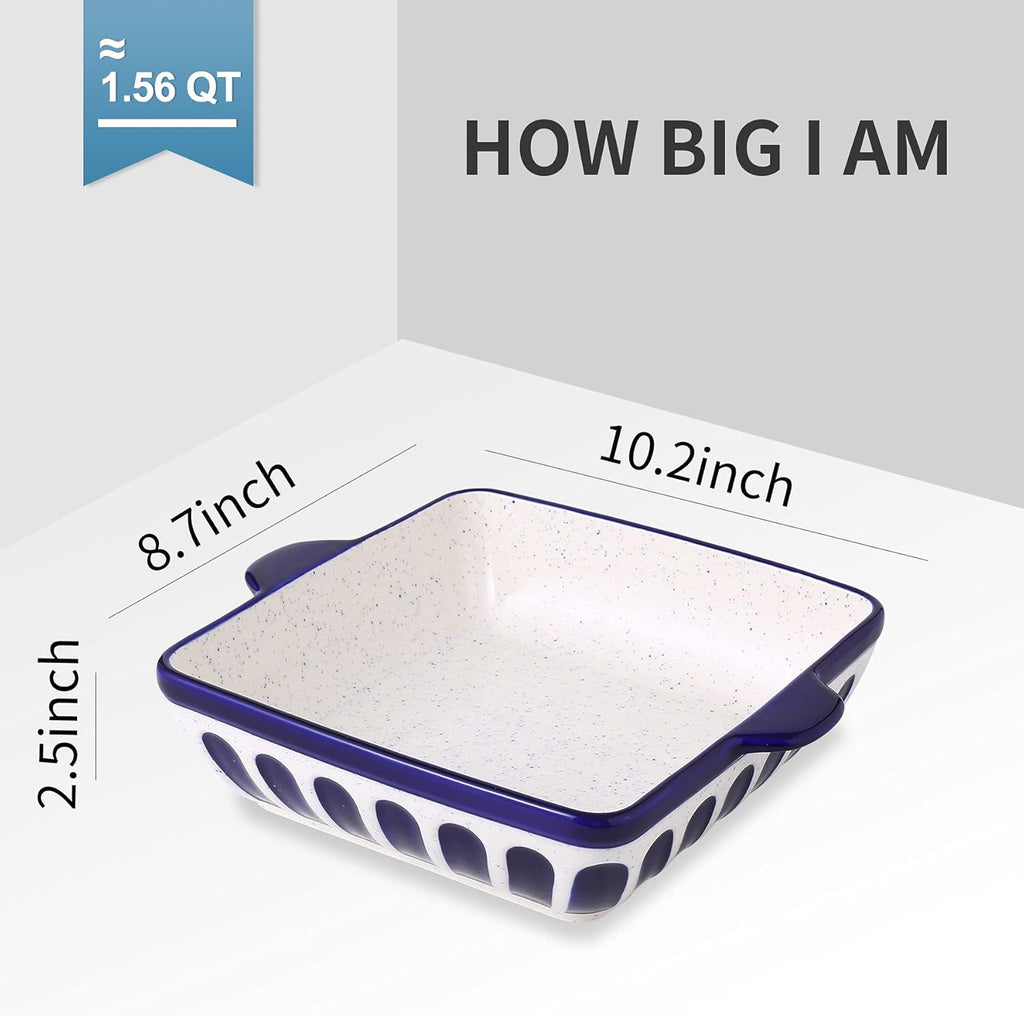Porcelain Baking Dish 8.7 Inch Square Baking Pan Cake Pan Bakeware with Double Handle for Kitchen Cooking, Dark Blue
