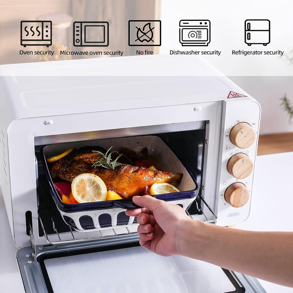 Porcelain Baking Dish 8.7 Inch Square Baking Pan Cake Pan Bakeware with Double Handle for Kitchen Cooking, Dark Blue