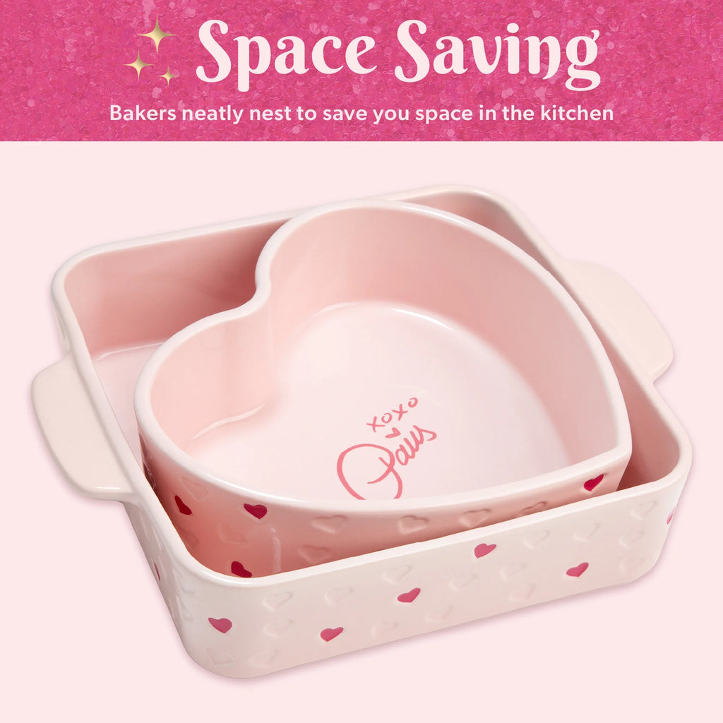 2 Piece Ceramic Baker Set, Square and Heart-Shaped, Stoneware Baking Set, Pink