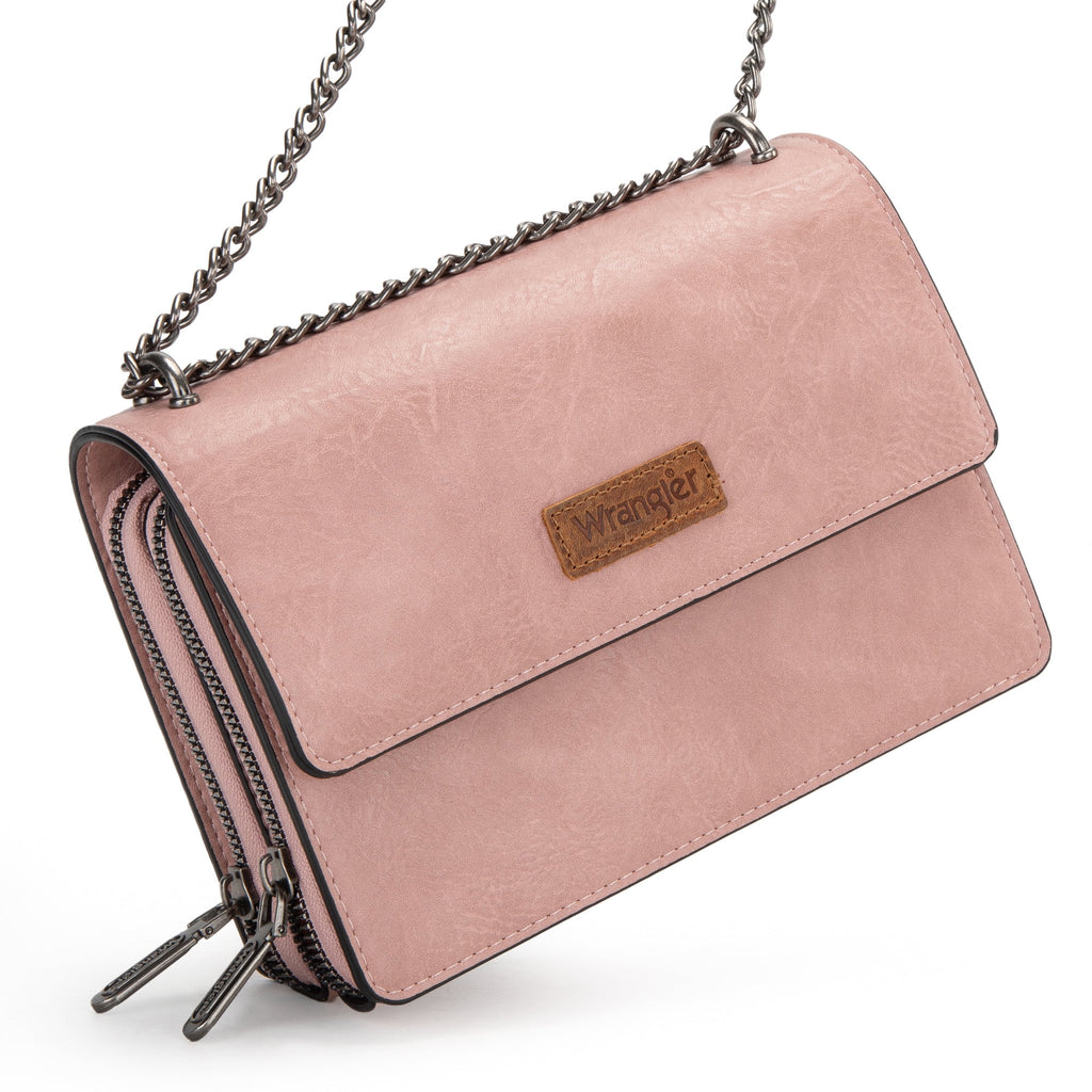 Wrangler Flap Crossbody Purse for Women Small Shoulder Bag with Chain Strap, Pink